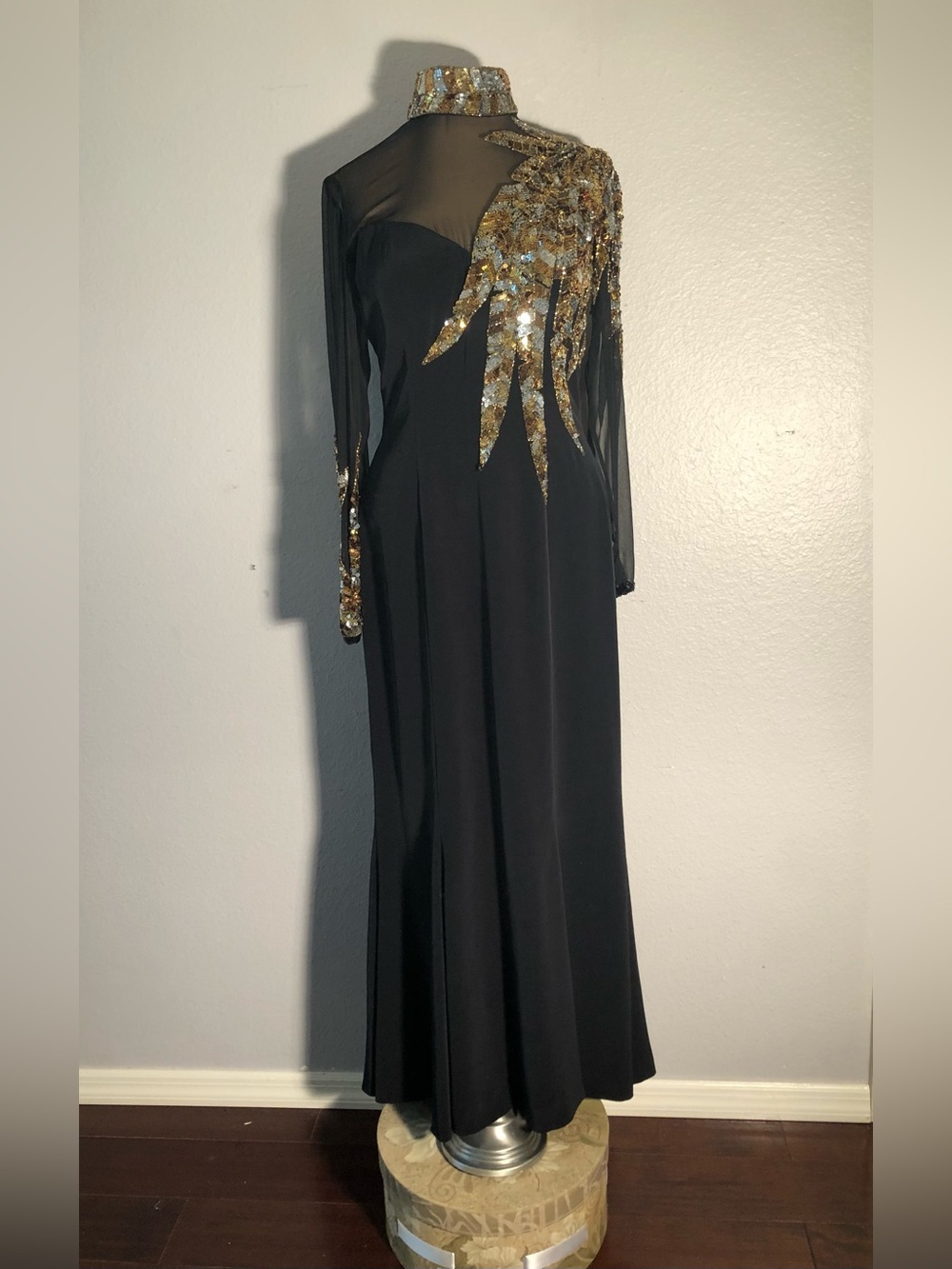 VTG Lillie Rubin 80s Black Illusion Mesh Beaded Sequin Evening Gown Maxi size 6